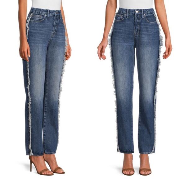 GOOD AMERICAN Good Boy Side Frayed Straight Leg Jeans Blue High Rise Size 25 NEW - Picture 1 of 6